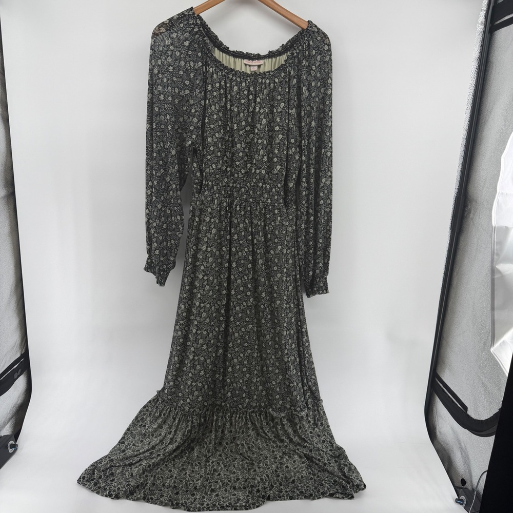 Knox Rose Women Black Floral Smocked Waist Maxi Dress Long Sleeve Tiered boho L